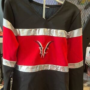 Black and Red V-Neck Top with Silver Accents